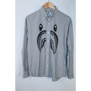 Bape Men's Medium Gray Shark Long Sleeve Oxford Shirt